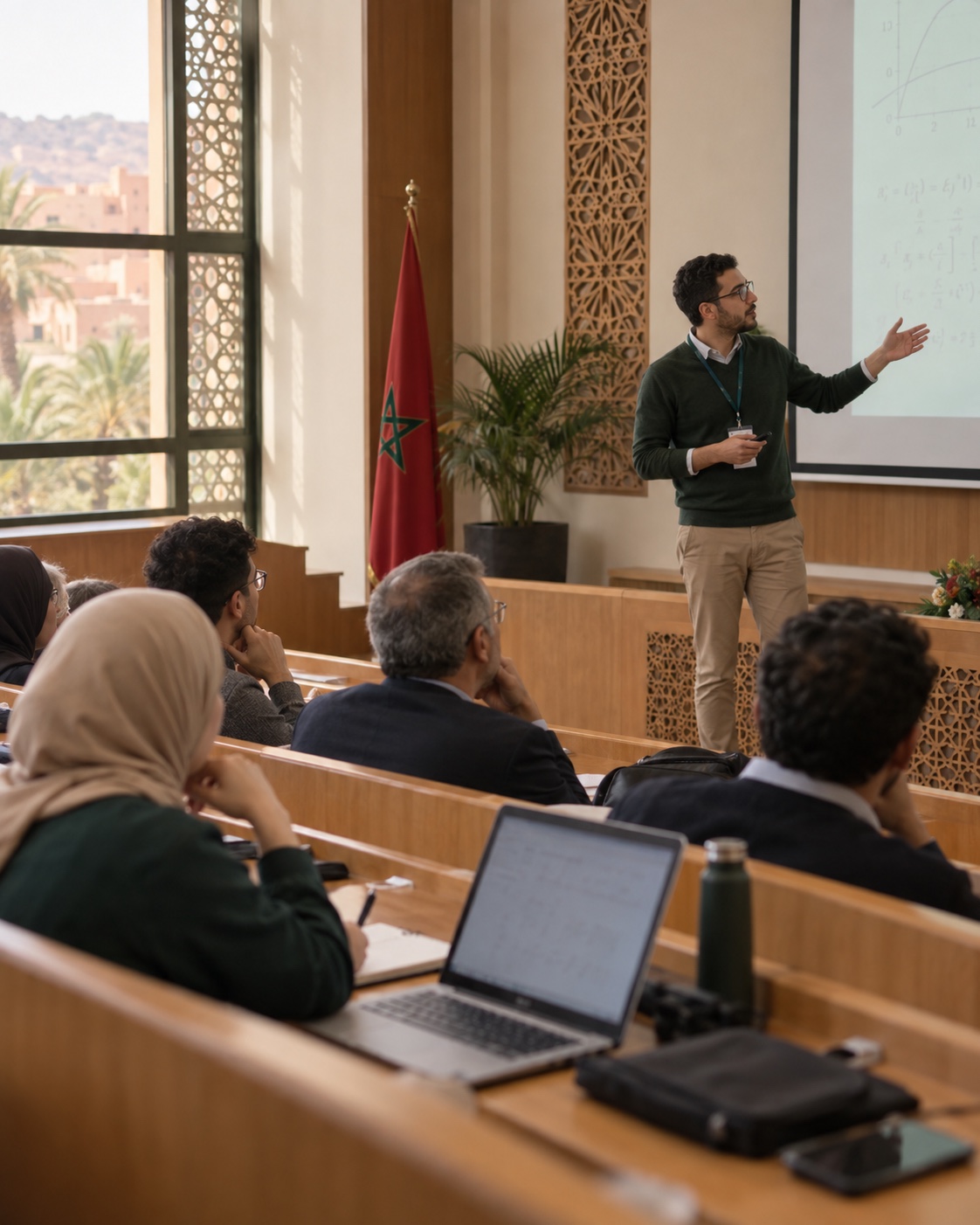 Illustrative scene of a researcher presenting to doctoral attendees in a Moroccan university lecture hall.